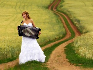 Create meme: wedding with accordion in the village, wedding in a field, bride with accordion