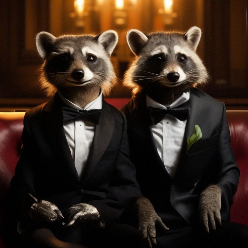 Create meme: raccoon in a suit, raccoon in a jacket, The raccoon gang