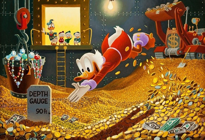 Create meme: Scrooge McDuck in gold, Scrooge McDuck in the money vault, scrooge McDuck