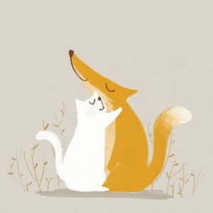 Создать мем: картины с лисами, лиса обнимает котов, котик и лисичка рисунок