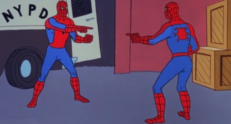 Создать мем: человек паук показывает на человека паука, человек паук показывает на человека паука мем, человек паук мем