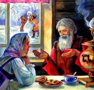 Create meme: the old man and old woman, lived was an old man and old woman, illustration to Russian folk tale the snow maiden