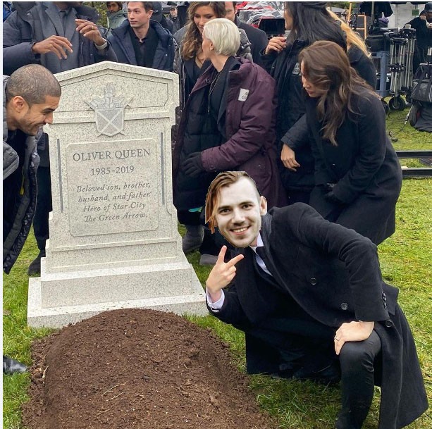 Create meme: grant gastin near the grave of Oliver, Grant Gustin at the grave, meme grave