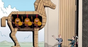 Create meme: Trojan horse in the form of pigs cartoons, memes about the Trojan horse, a Trojan horse meme template