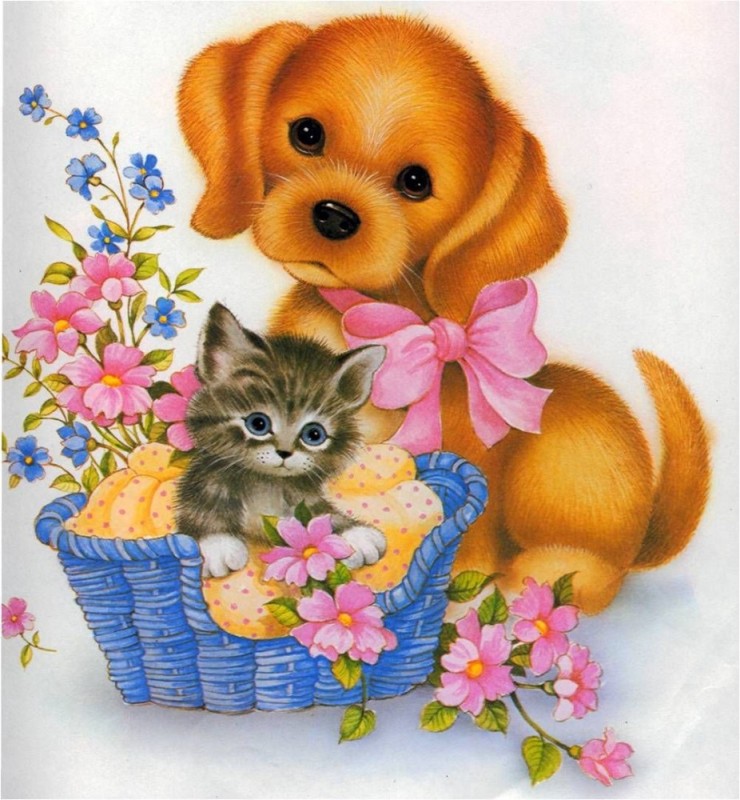 Создать мем: открытки, алмазная мозаика щенок с котенком, щенок с котенком