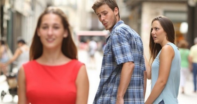 Create meme: the guy looks at the girl, meme guy looks back at another girl, the guy turns to girl