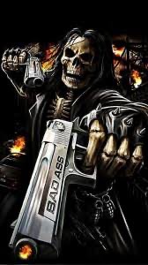 Create meme: meme skeleton with a gun, skull with pistols, skeleton with a gun