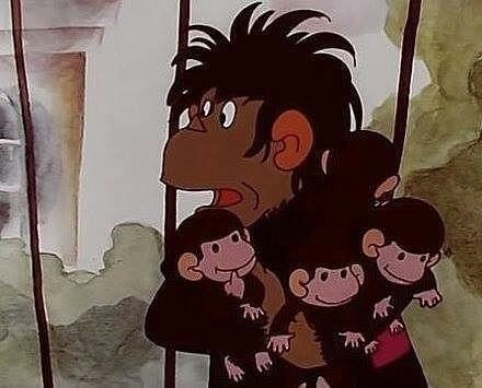 Create meme: monkey cartoon monkey cautiously, cartoon about monkeys and their mother, cartoon monkey cautiously