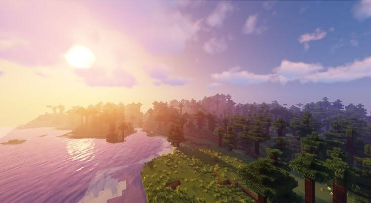 Create meme: minecraft landscapes with shaders, landscape in minecraft, an atmospheric landscape from minecraft