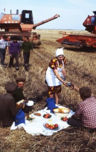 Create meme: agriculture, photo combine in the field, harvesting in the USSR photo