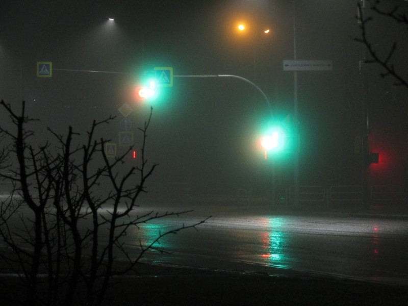 Create meme: night , darkness, Fog traffic light night
