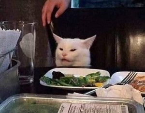 Создать мем: кот в ресторане мем, котик, мем с котом за столом
