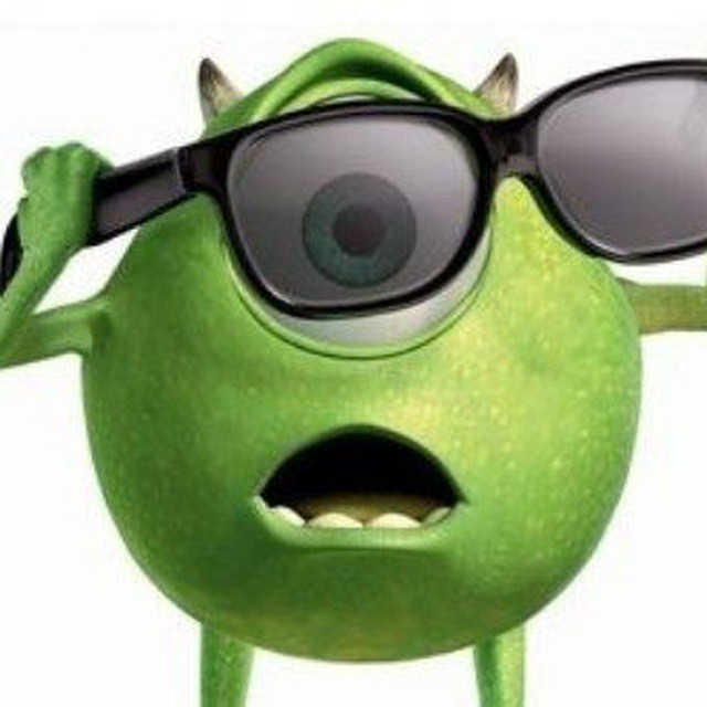 Create meme: Monster Corporation green, Mike Wazowski with glasses, vazovsky mike