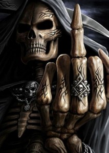 Создать мем: reaper, grim reaper, скелет показывающий средний палец