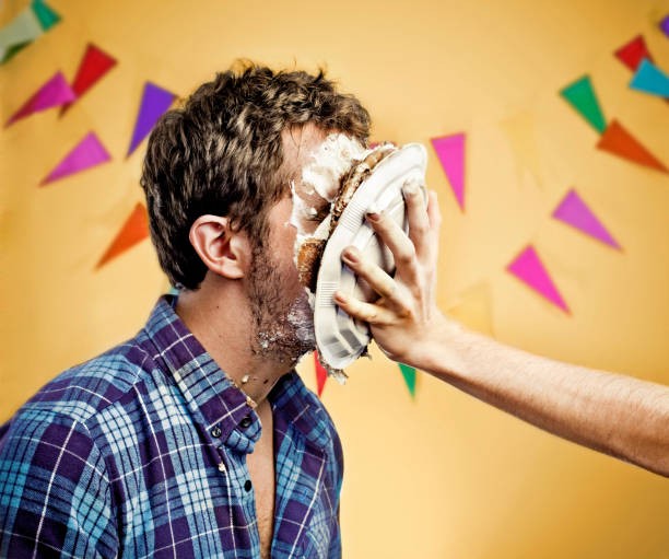 Create meme: insult , the face in the cake, happy man