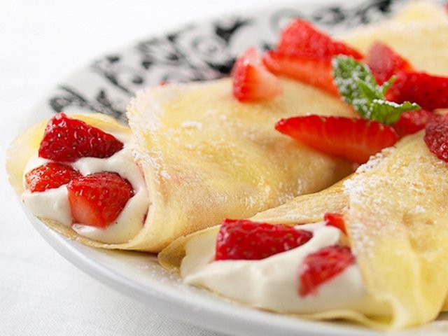 Create meme: pancakes with strawberries, pancakes with strawberries, pancakes with strawberries and cream