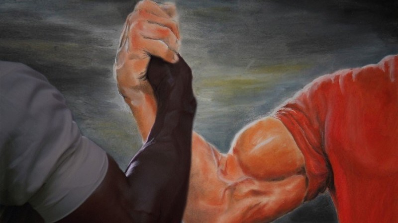 Create meme: arm wrestling meme, arnold handshake, the handshake of the jocks