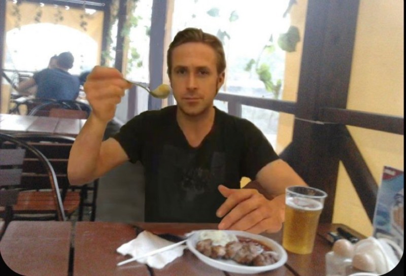 Create meme: Ryan Gosling , Ryan gosling cereal, with a friend in a summer cafe