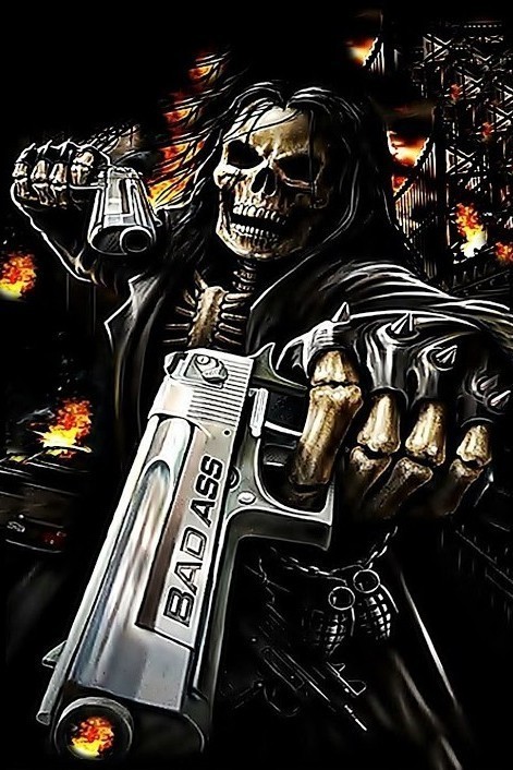 Создать мем: крутой скелет с пистолетом, череп с пистолетами, скелет с оружием
