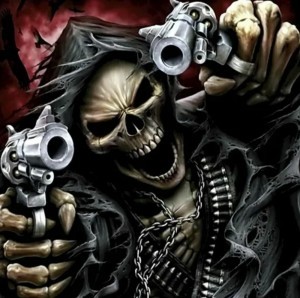 Создать мем: скелеты крутые, скелет с пистолетом, череп с оружием