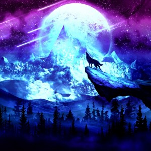 Создать мем: волк луна, горы арт, ночь горы