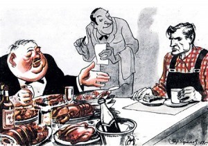 Создать мем: советская карикатура буржуазный ученый, в ресторане союз труда и капитала плакат, этот господин уплатит за все