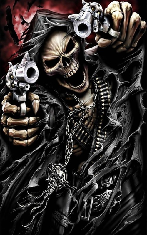 Создать мем: крутой скелет с пистолетом, череп с пистолетами, крутой скелет