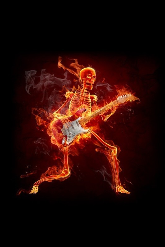 Create meme: skeleton on fire, a skeleton with a guitar, fiery skeleton with a guitar