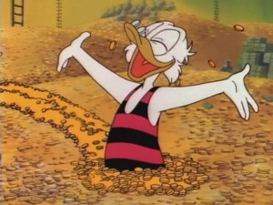 Create meme: Scrooge McDuck swims in gold, Scrooge McDuck meme, Scrooge McDuck