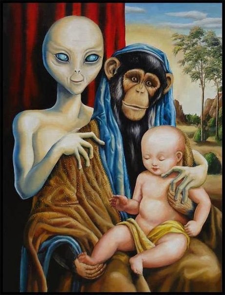 Создать мем: рисунок, инопланетяне и приматы, инопланетяне в живописи