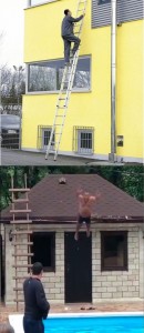 Создать мем: прыгает с крыши в бассейн, раздвижная лестница 12 метров в москве крыть крышу, прыгнул с крыши