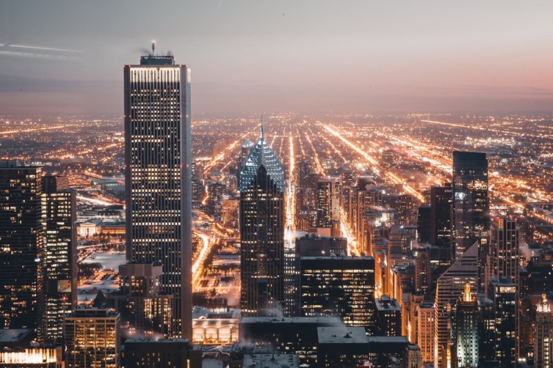 Create meme: chicago skyscrapers night, megapolis new york buildings, chicago new york