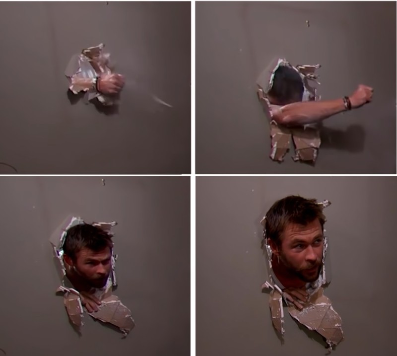 Create meme: wall meme, Chris Hemsworth meme to the wall, Chris Hemsworth's meme breaks through the wall