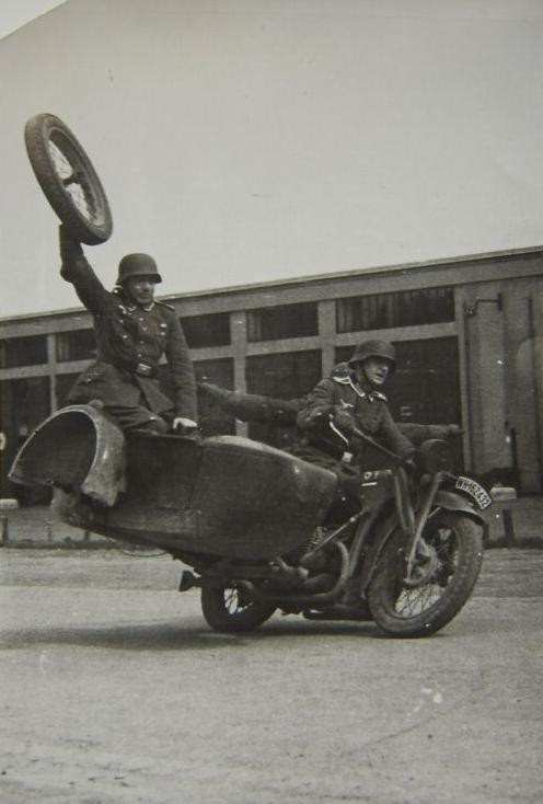 Create meme: germans on a motorcycle, heavy motorcycles of the Wehrmacht, the motorcycle is old