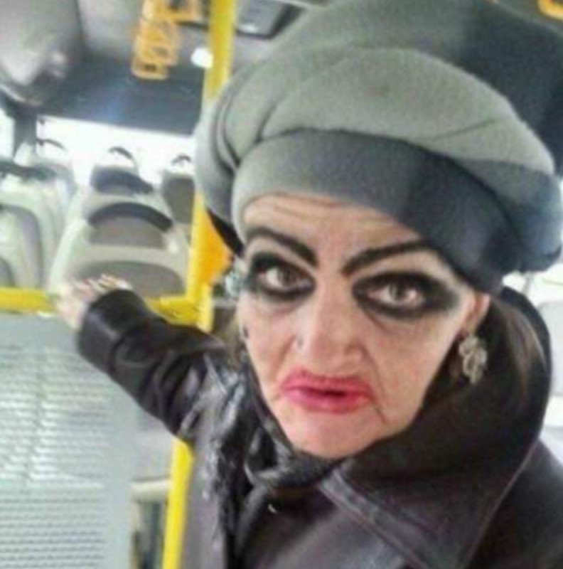 Create meme: makeup is funny, granny with painted eyebrows, granny with makeup on the bus