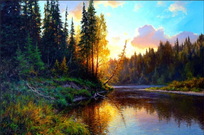 Создать мем: картина река, живопись художника тимиршин альберт, картины маслом природа