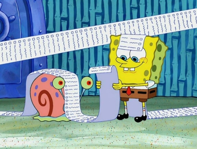 Create meme: spongebob with a long list, spongebob with list, sponge Bob square pants 