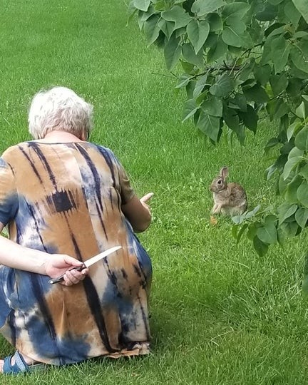 Create meme: granny with rabbits, grandmother with a knife and a rabbit, cat 