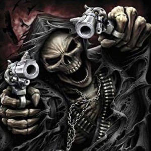 Создать мем: череп с оружием, крутой скелет с пистолетом, скелет с пистолетом