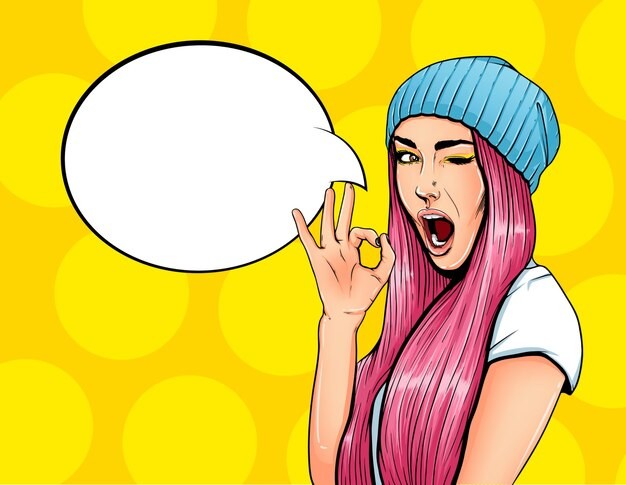 Create meme: pop art girl in a hat, pop art girl, comic girl