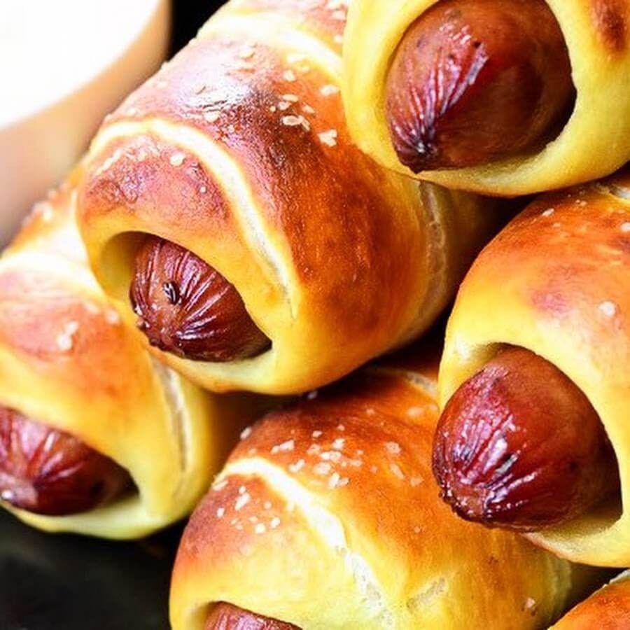 Create meme: sausage in the dough , buns , baking with sausages