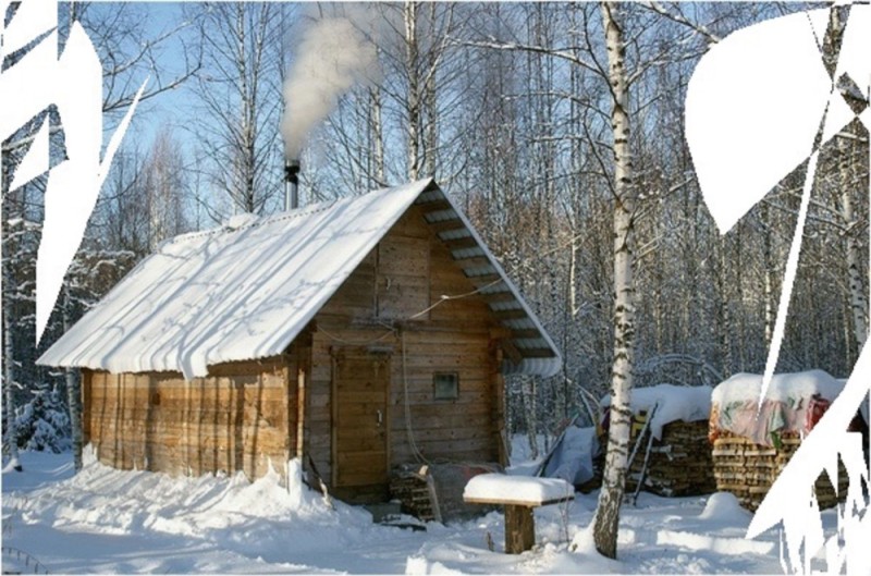 Create meme: forest hut, forest hut in winter, winter bath