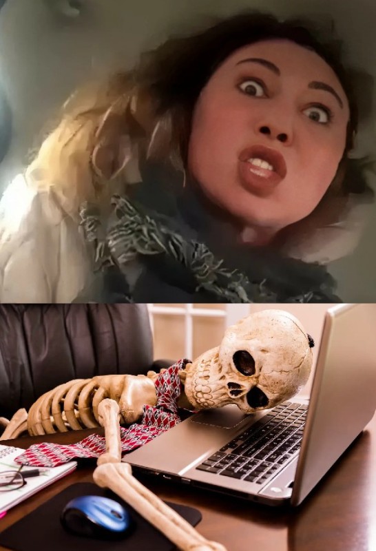 Создать мем: скелет за компьютером, скелет за компом, мразь