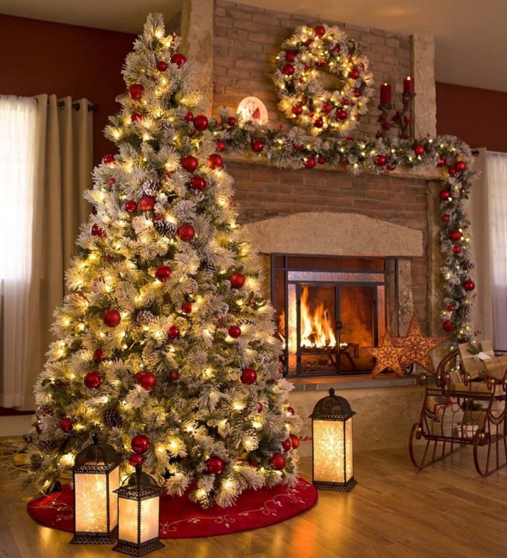 Create meme: beautiful Christmas trees in the house with a fireplace, beautiful Christmas tree, Christmas tree in the house