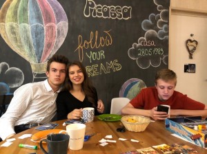 Создать мем: friends, three friends make selfie in cafe, they are eating