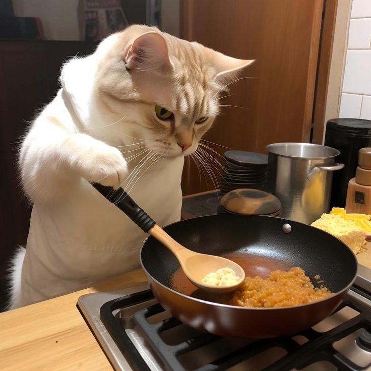 Создать мем: пушистый кот повар, обожравшийся кот, котик повар