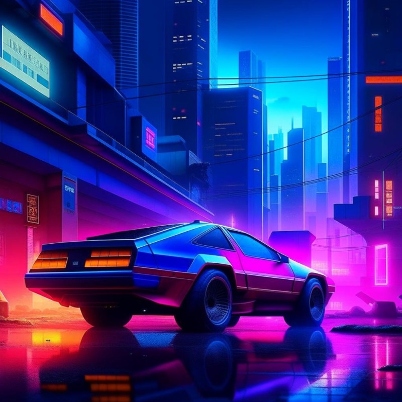 Create meme: delorean synthwave, delorean dmc retrowave, retrowave art