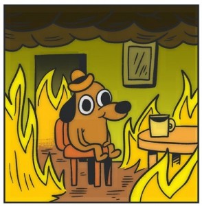 Create meme: this is fine, meme dog in a burning house, dog in heat meme