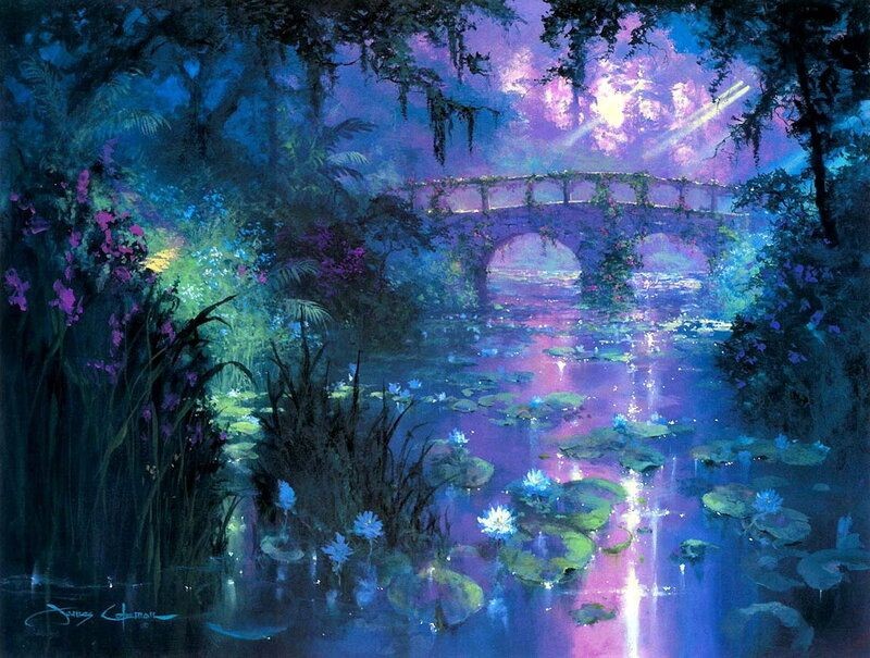 Create meme: magical landscape, a magical forest with a lake, night gardens