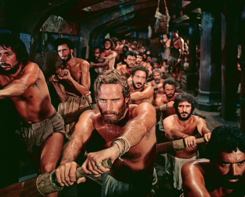 Create meme: rowers on the galleys, slaves on the galley, Ben Hur 1959 